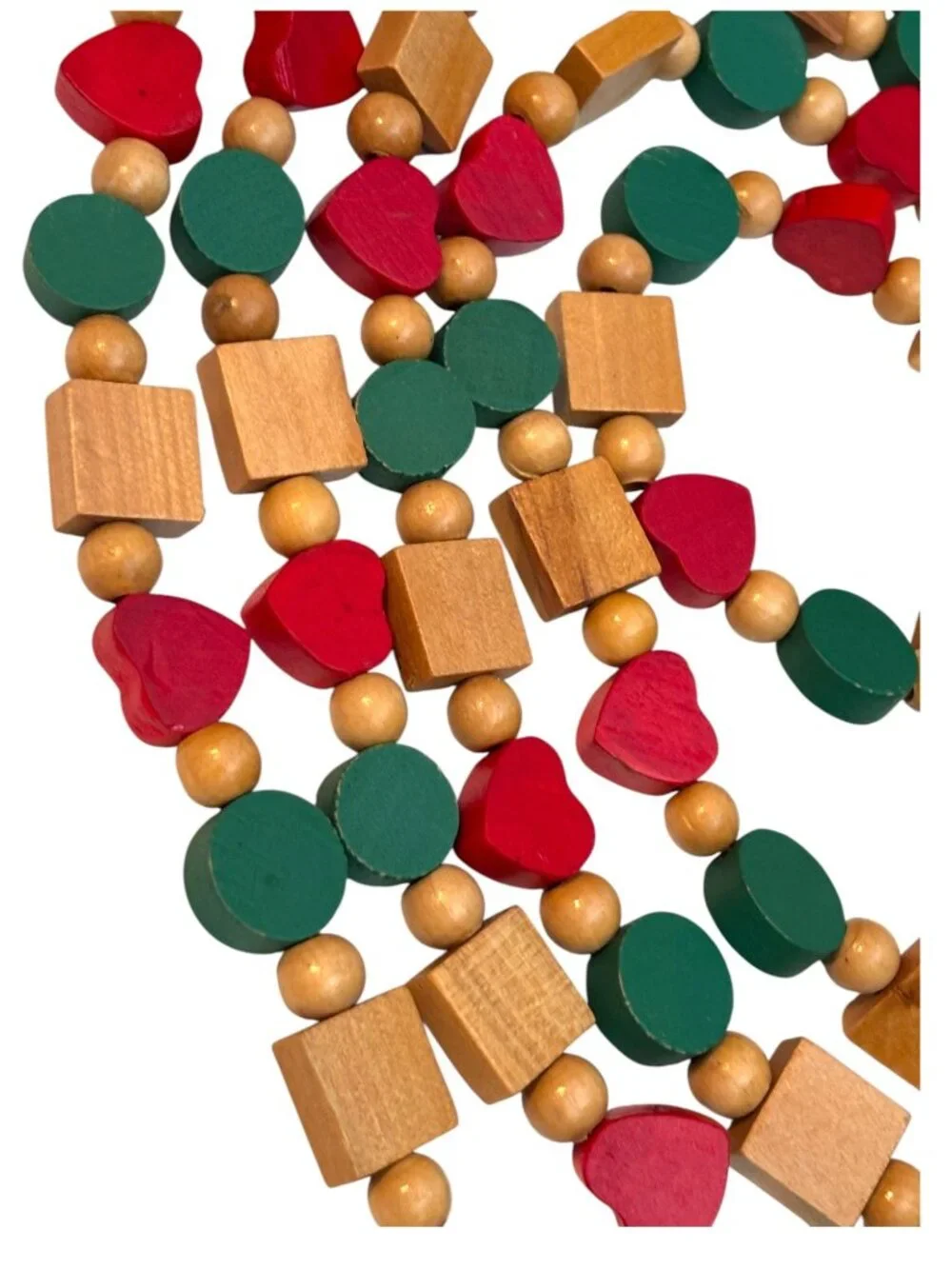 Vintage Wooden Bead Garland - Red Green & Natural Shapes - Heart Circle Square -